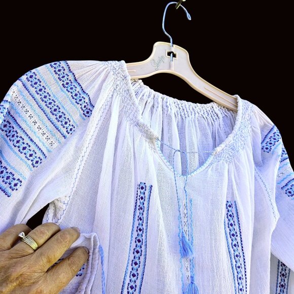 Vintage 60s 70s White Gauze Peasant Blouse Hand Embroidered Greek Balkan M - Picture 5 of 11